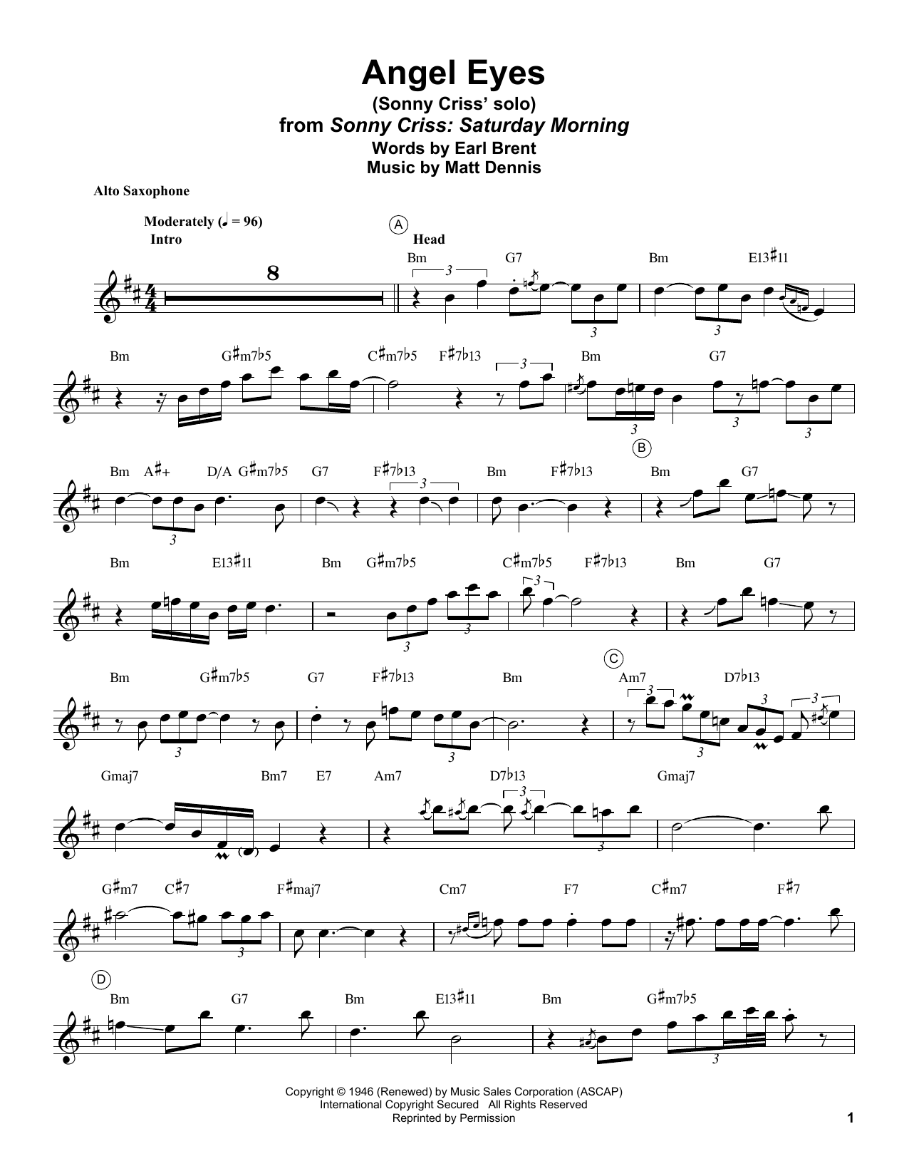 Download Sonny Criss Angel Eyes Sheet Music and learn how to play Alto Sax Transcription PDF digital score in minutes