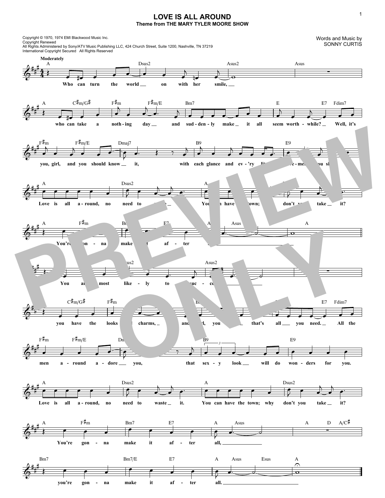 Download Sonny Curtis Love Is All Around (from The Mary Tyler Moore Show) Sheet Music and learn how to play Lead Sheet / Fake Book PDF digital score in minutes