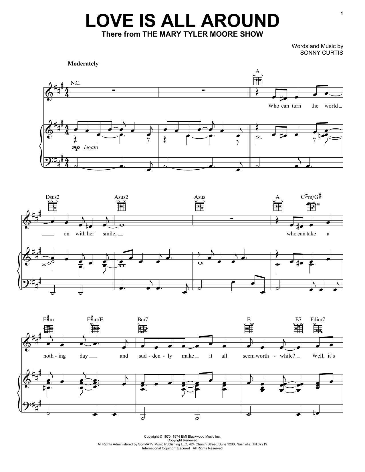 Download Sonny Curtis Love Is All Around (Theme from The Mary Tyler Moore Show) Sheet Music and learn how to play Piano, Vocal & Guitar Chords (Right-Hand Melody) PDF digital score in minutes