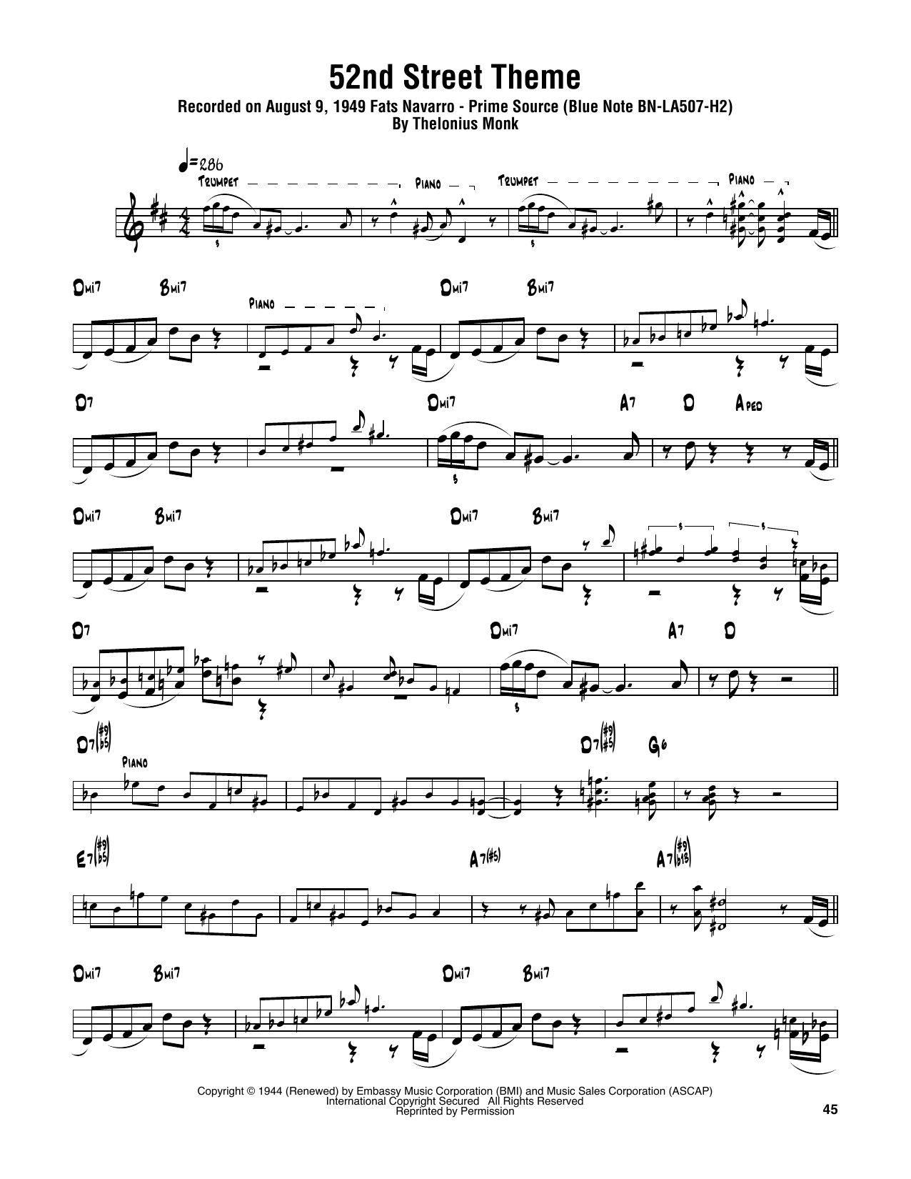 Download Sonny Rollins 52nd Street Theme Sheet Music and learn how to play Tenor Sax Transcription PDF digital score in minutes