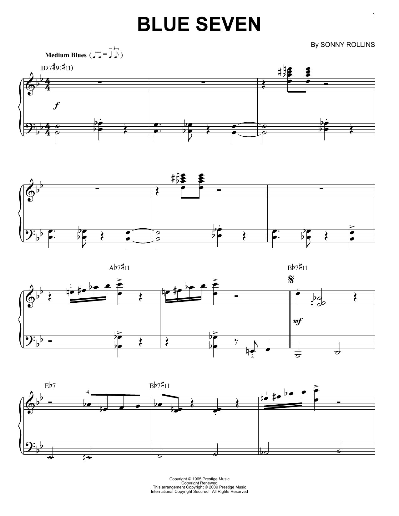 Download Sonny Rollins Blue Seven Sheet Music and learn how to play Piano PDF digital score in minutes