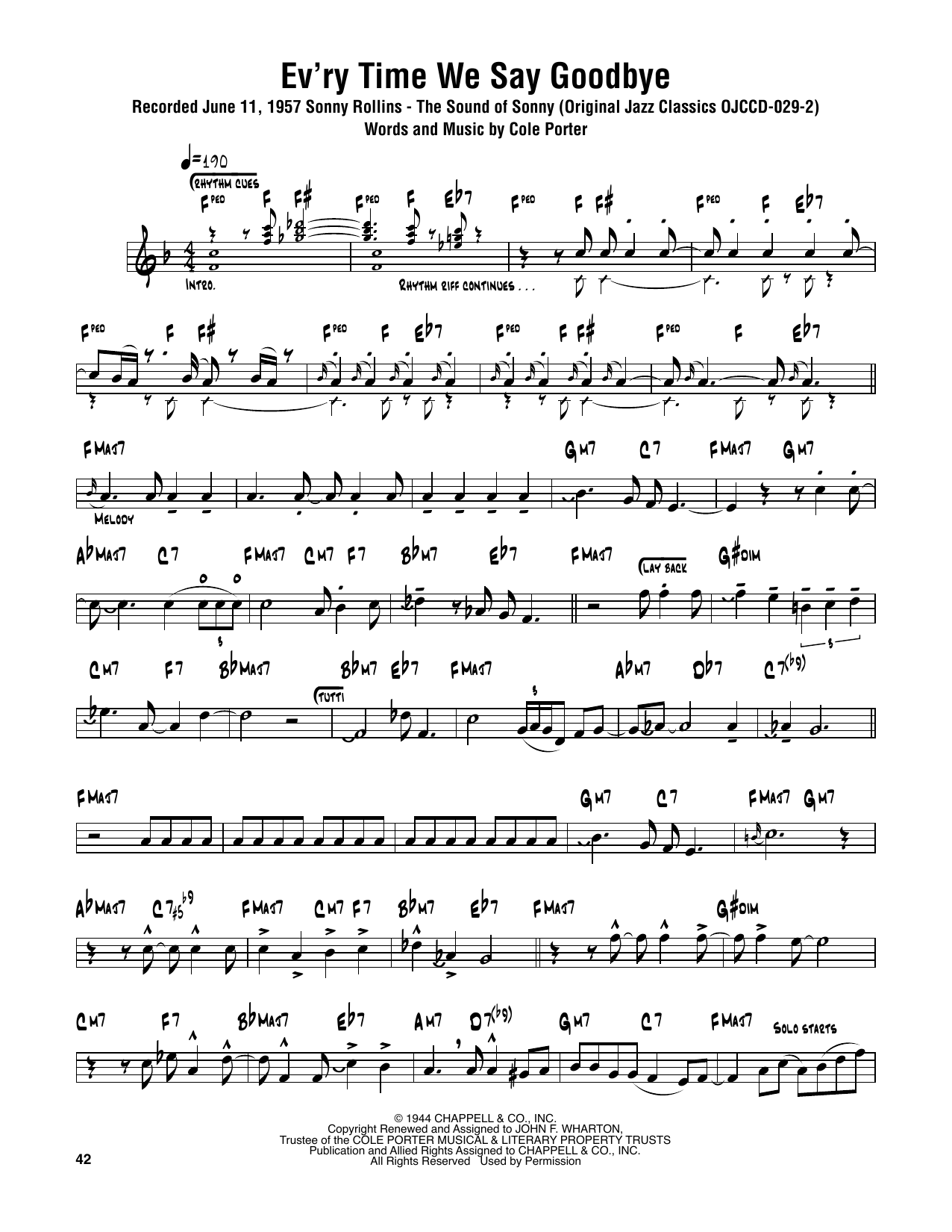 Download Sonny Rollins Ev'ry Time We Say Goodbye Sheet Music and learn how to play Tenor Sax Transcription PDF digital score in minutes