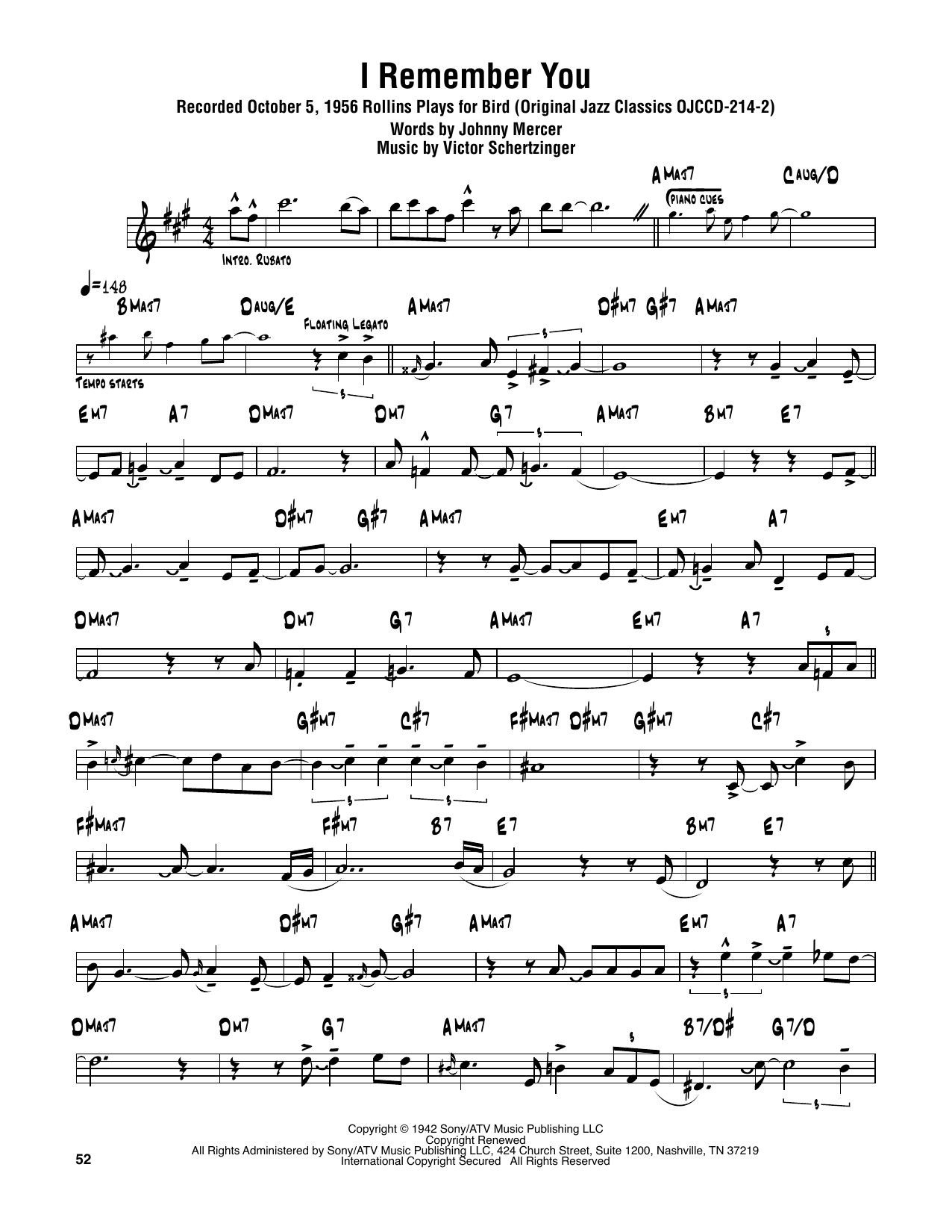 Download Sonny Rollins I Remember You Sheet Music and learn how to play Tenor Sax Transcription PDF digital score in minutes