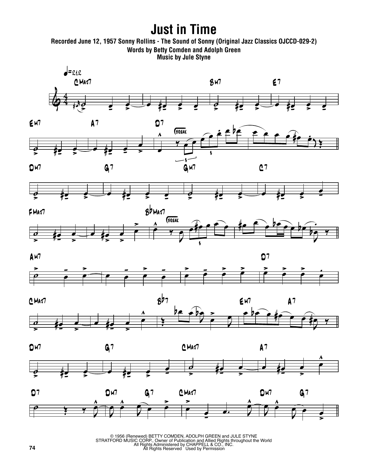 Download Sonny Rollins Just In Time Sheet Music and learn how to play Tenor Sax Transcription PDF digital score in minutes