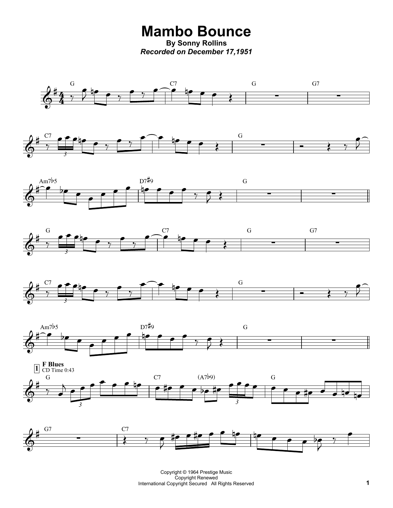 Download Sonny Rollins Mambo Bounce Sheet Music and learn how to play Tenor Sax Transcription PDF digital score in minutes