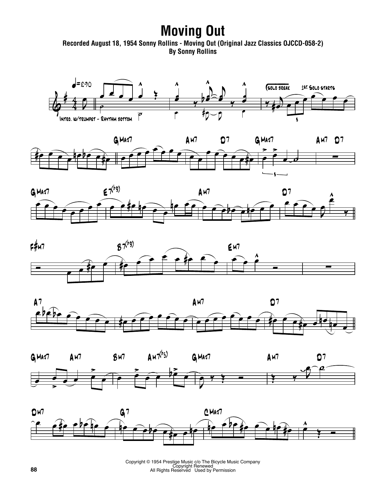 Download Sonny Rollins Moving Out Sheet Music and learn how to play Tenor Sax Transcription PDF digital score in minutes