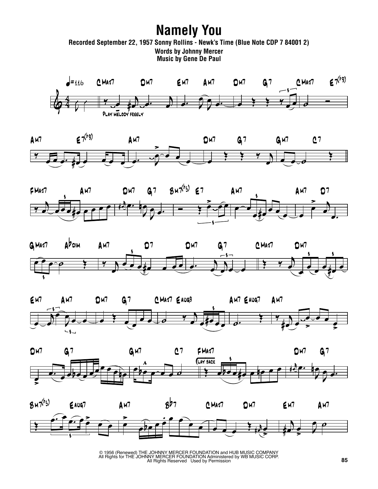 Download Sonny Rollins Namely You Sheet Music and learn how to play Tenor Sax Transcription PDF digital score in minutes