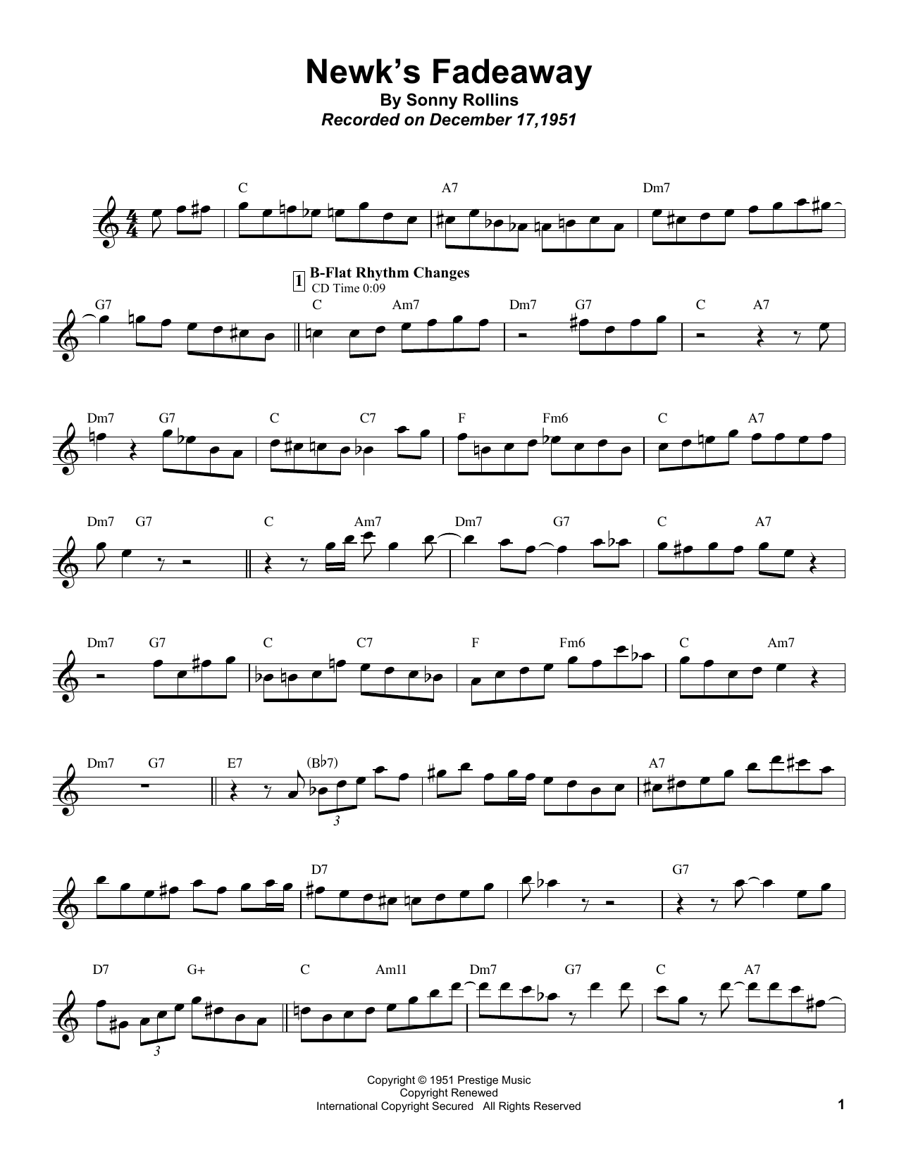 Download Sonny Rollins Newk's Fadeaway Sheet Music and learn how to play Tenor Sax Transcription PDF digital score in minutes