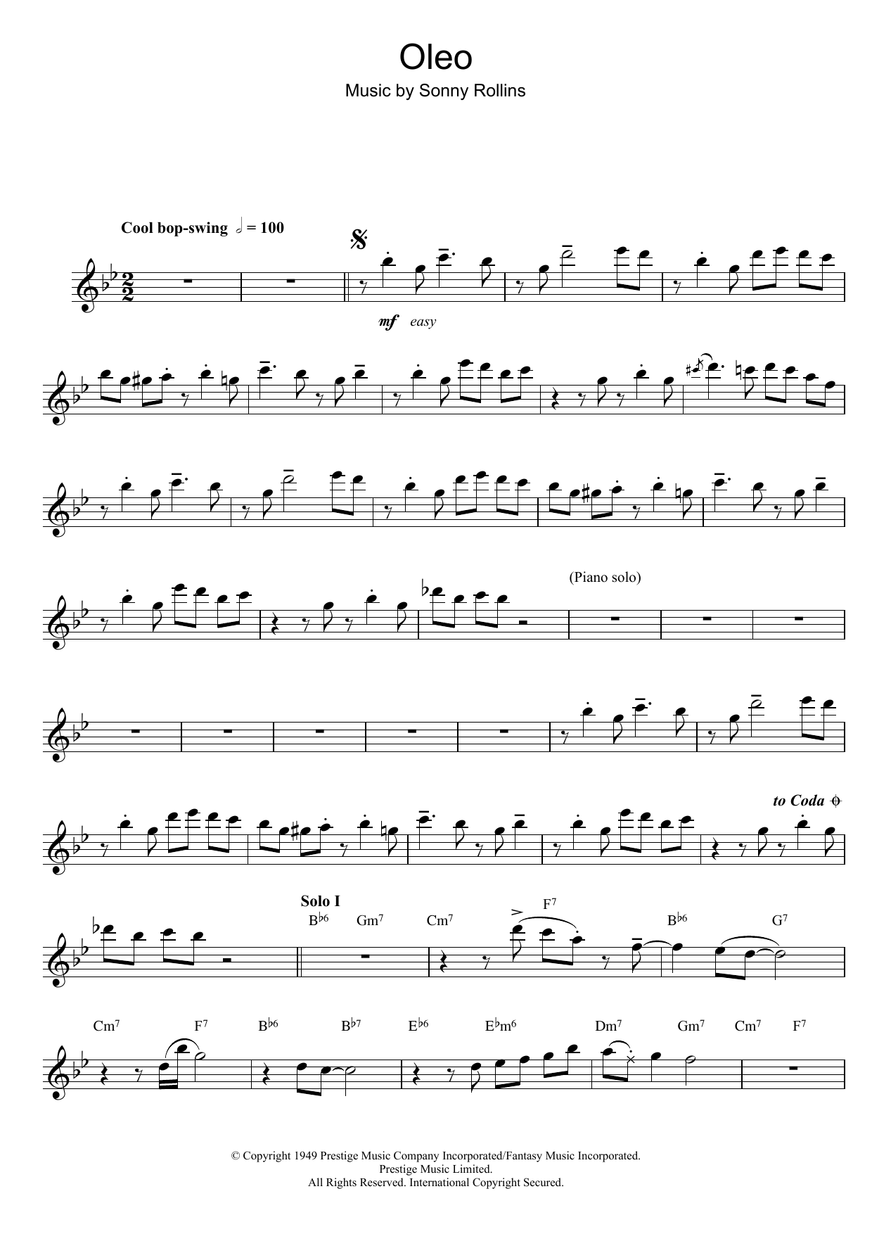 Download Sonny Rollins Oleo Sheet Music and learn how to play Piano PDF digital score in minutes