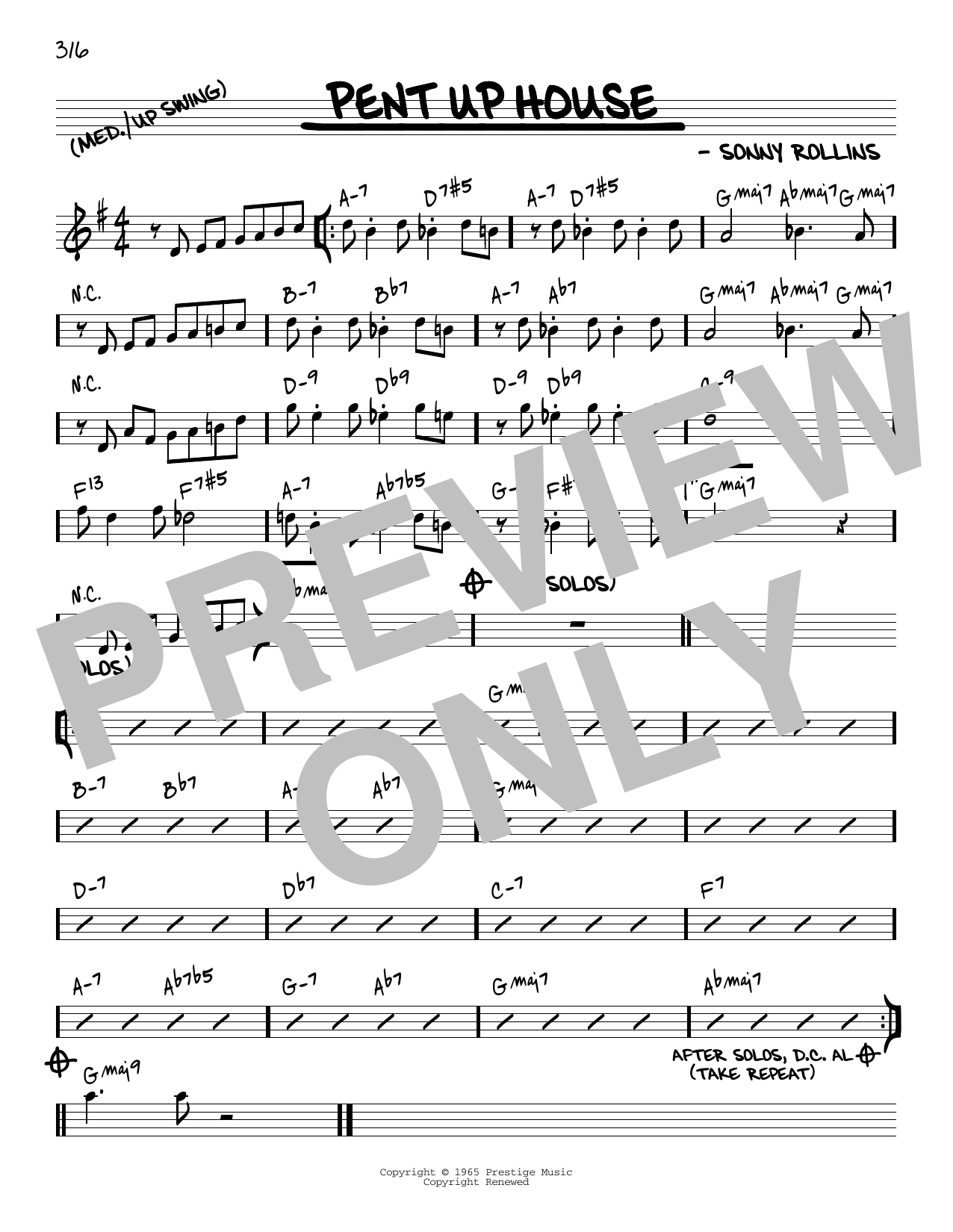 Download Sonny Rollins Pent Up House [Reharmonized version] (arr. Jack Grassel) Sheet Music and learn how to play Real Book – Melody & Chords PDF digital score in minutes