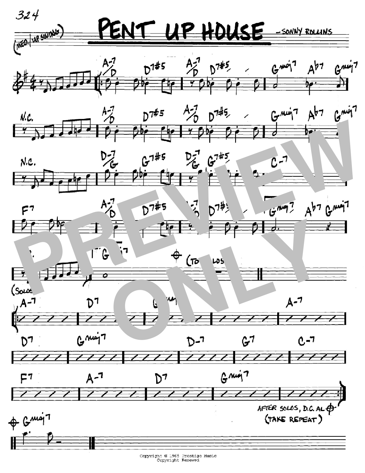 Download Sonny Rollins Pent Up House Sheet Music and learn how to play Real Book - Melody & Chords - Bass Clef Instruments PDF digital score in minutes