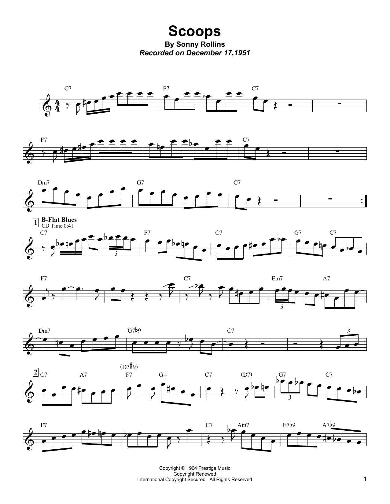 Download Sonny Rollins Scoops Sheet Music and learn how to play Tenor Sax Transcription PDF digital score in minutes