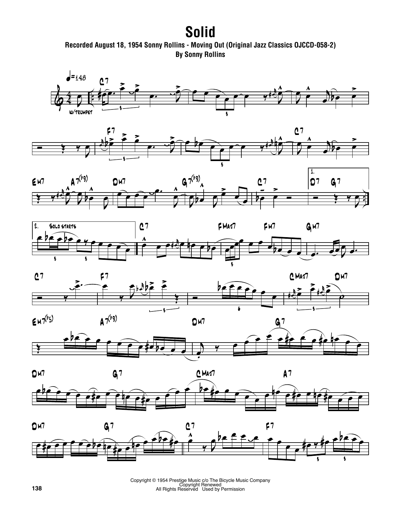 Download Sonny Rollins Solid Sheet Music and learn how to play Tenor Sax Transcription PDF digital score in minutes