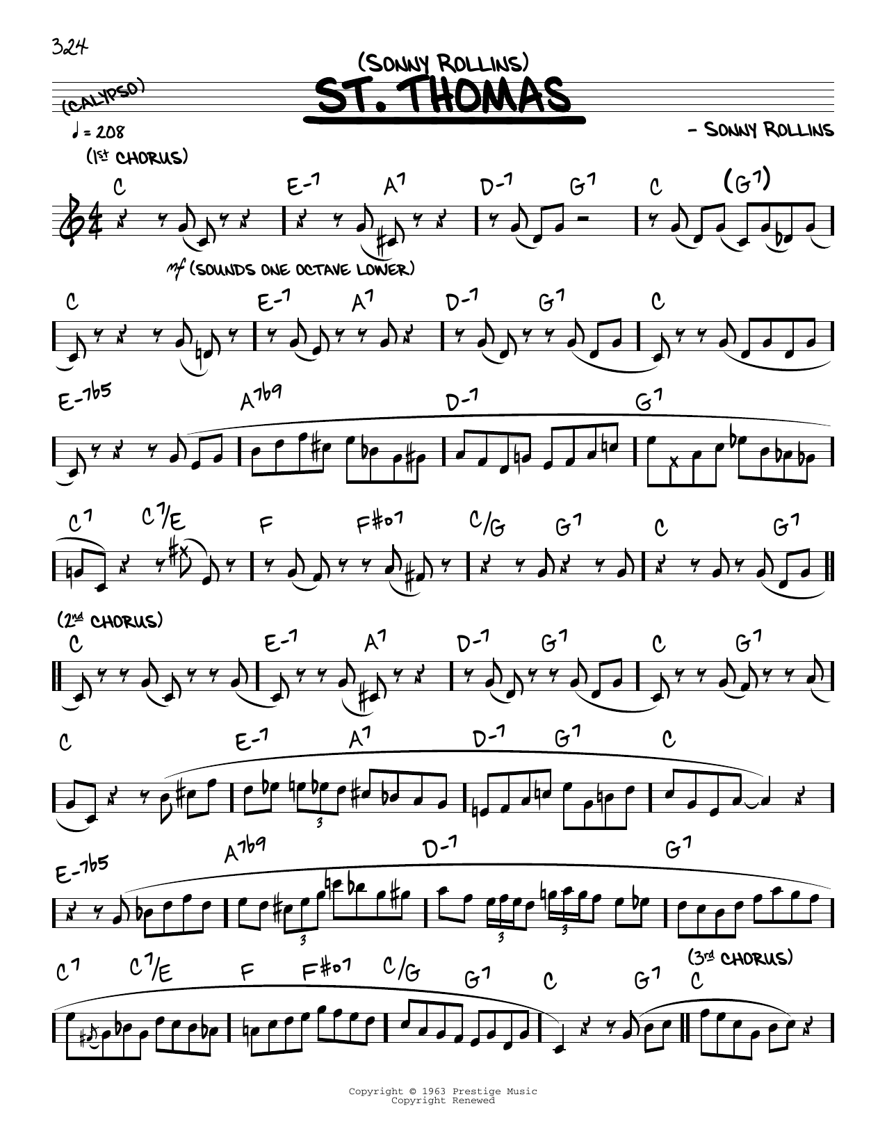 Download Sonny Rollins St. Thomas (solo only) Sheet Music and learn how to play Real Book – Melody & Chords PDF digital score in minutes