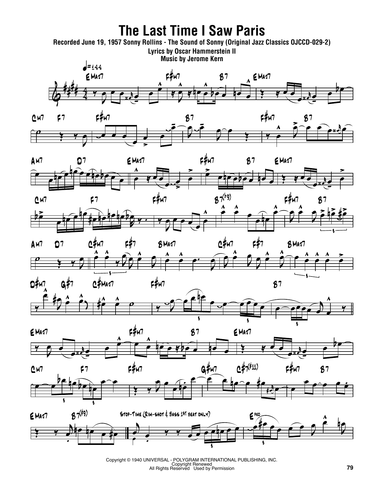 Download Sonny Rollins The Last Time I Saw Paris Sheet Music and learn how to play Tenor Sax Transcription PDF digital score in minutes