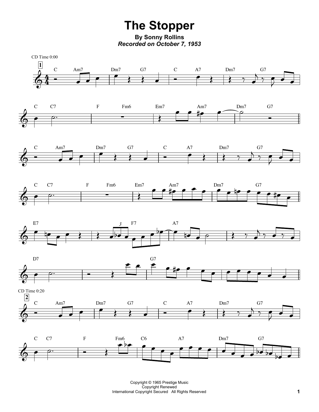 Download Sonny Rollins The Stopper Sheet Music and learn how to play Tenor Sax Transcription PDF digital score in minutes