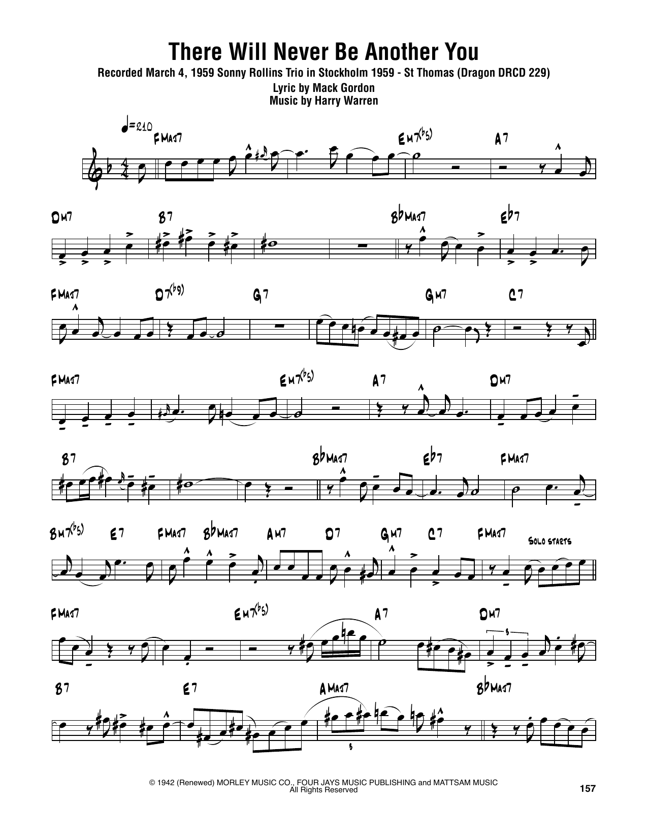 Download Sonny Rollins There Will Never Be Another You Sheet Music and learn how to play Tenor Sax Transcription PDF digital score in minutes