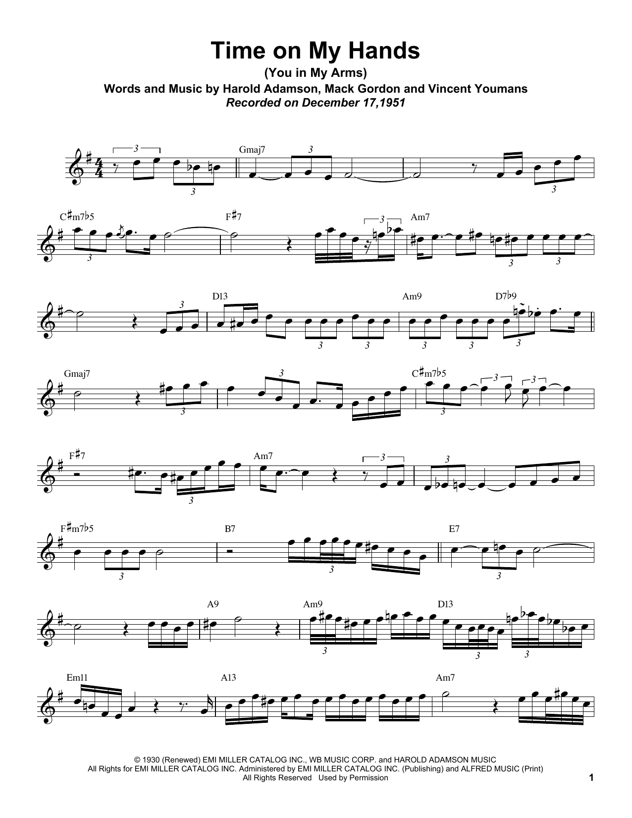 Download Sonny Rollins Time On My Hands (You In My Arms) Sheet Music and learn how to play Tenor Sax Transcription PDF digital score in minutes
