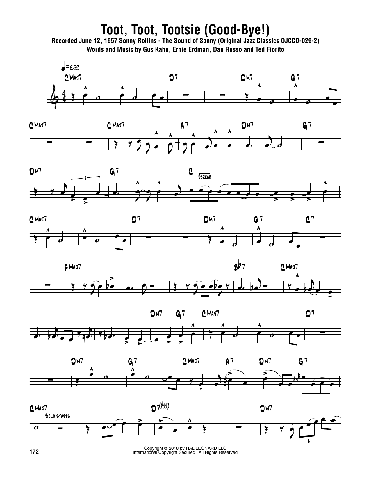 Download Sonny Rollins Toot, Toot, Tootsie! (Good-bye!) Sheet Music and learn how to play Tenor Sax Transcription PDF digital score in minutes