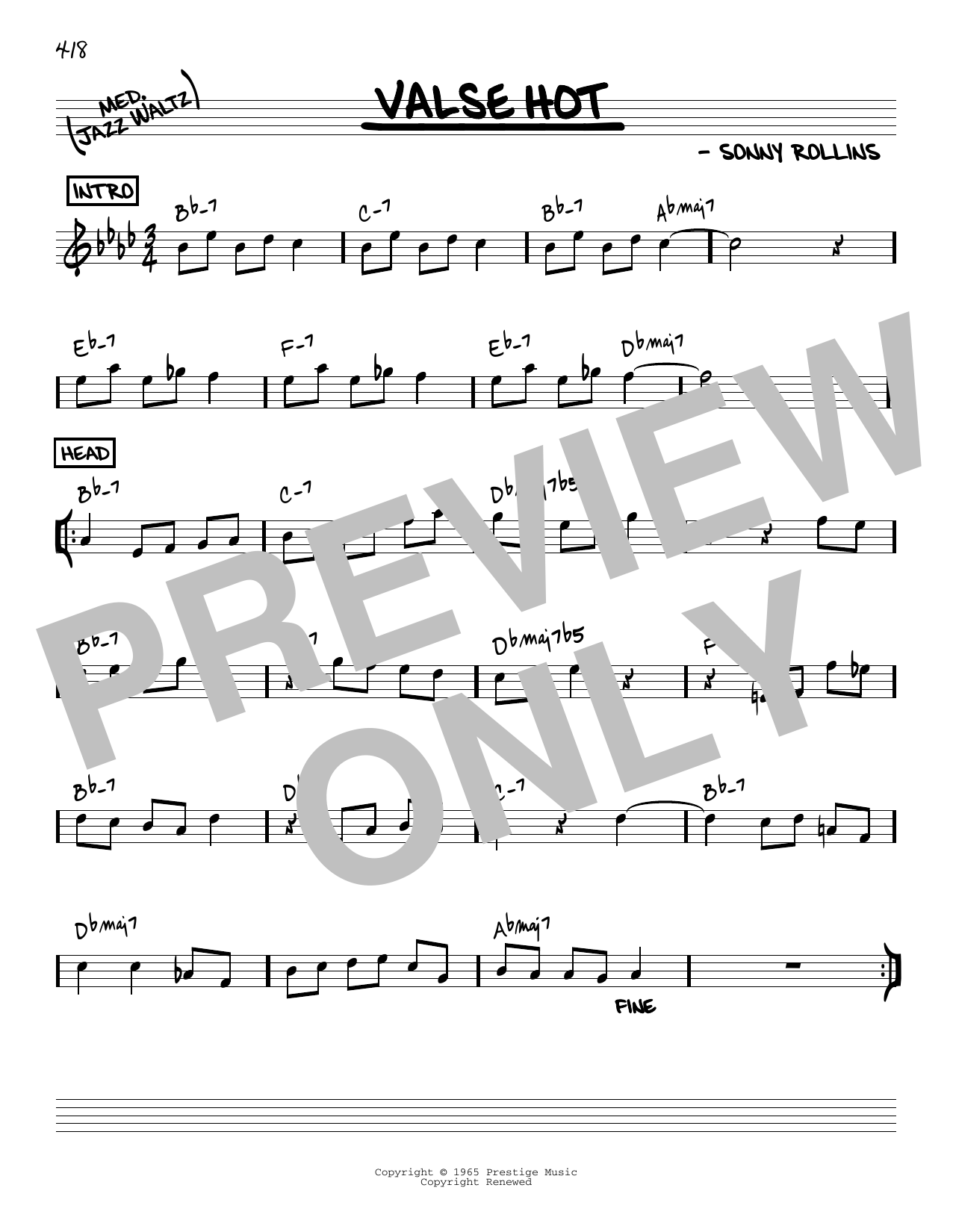 Download Sonny Rollins Valse Hot [Reharmonized version] (arr. Jack Grassel) Sheet Music and learn how to play Real Book – Melody & Chords PDF digital score in minutes