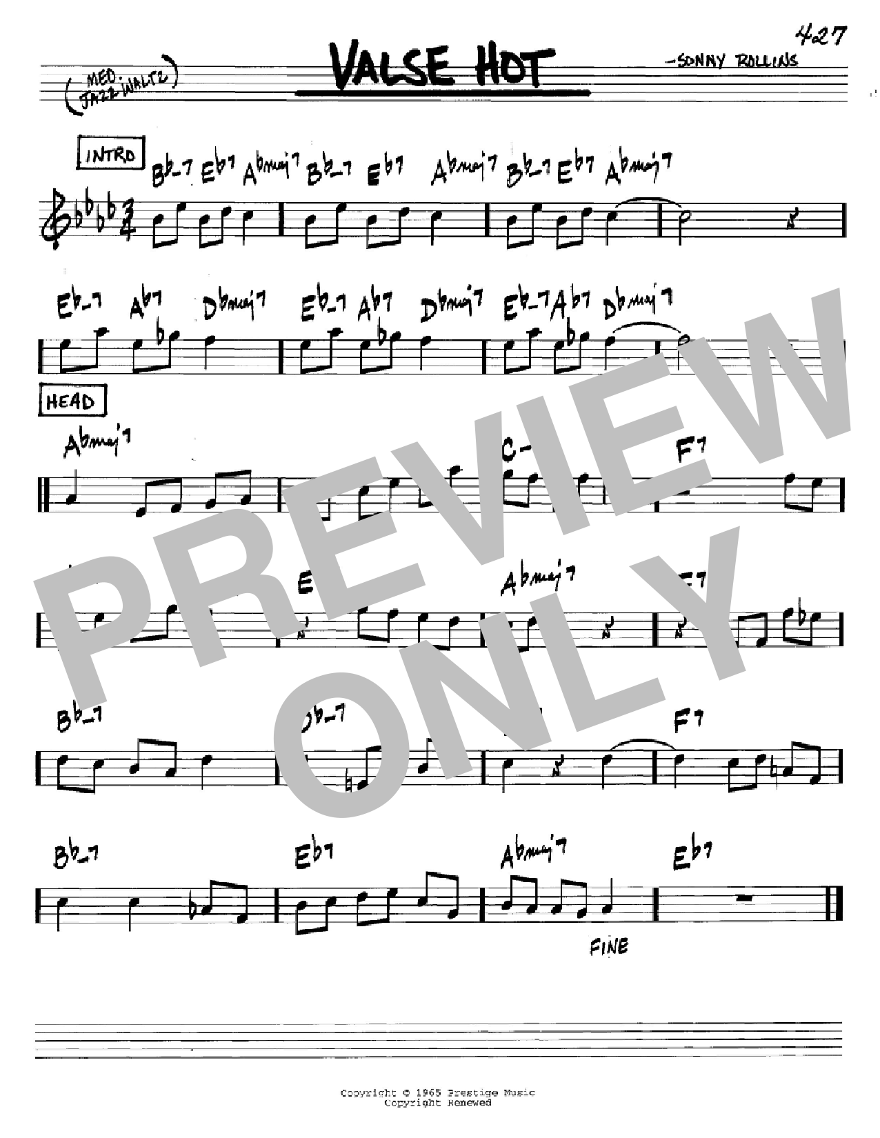 Download Sonny Rollins Valse Hot Sheet Music and learn how to play Real Book - Melody & Chords - C Instruments PDF digital score in minutes