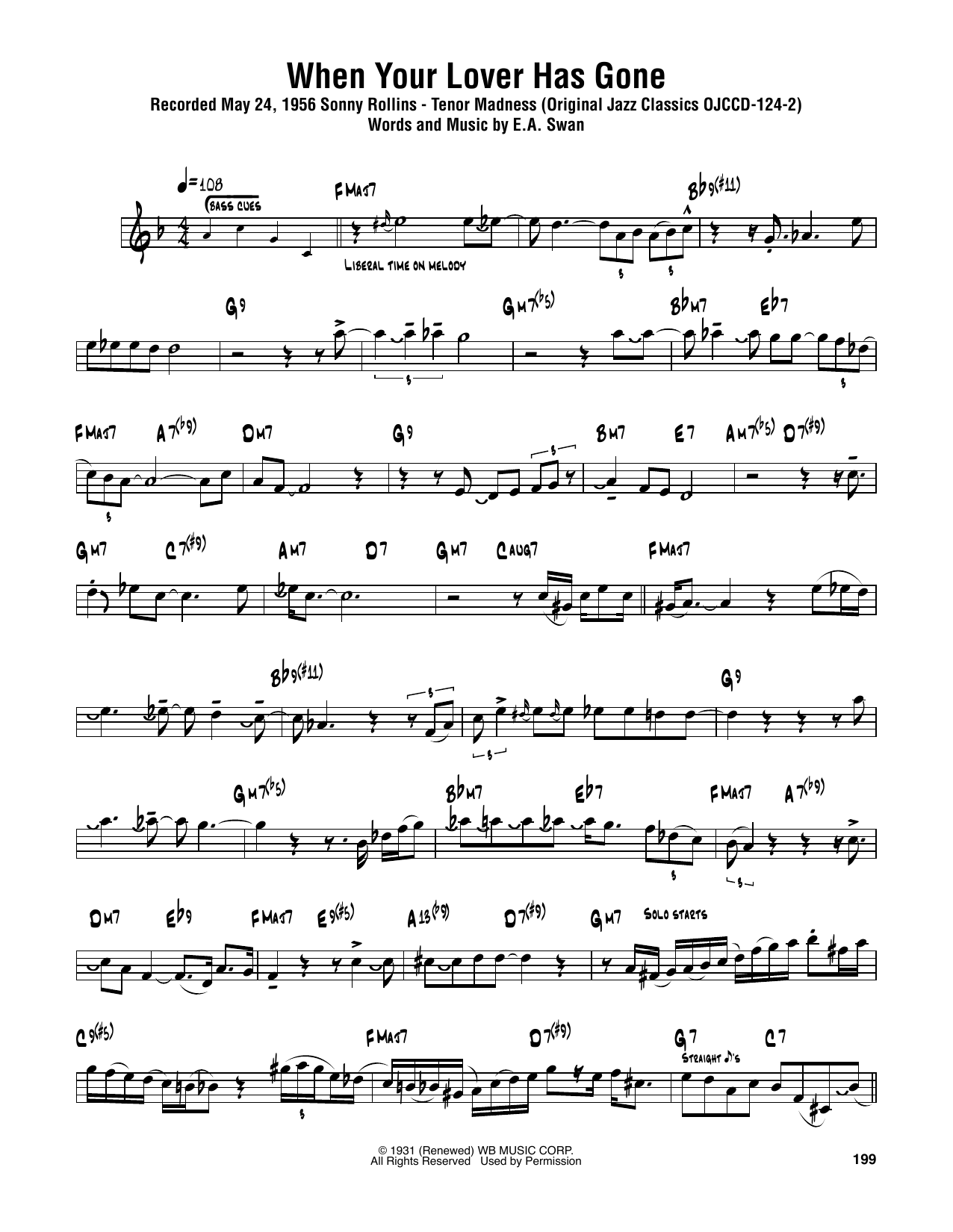 Download Sonny Rollins When Your Lover Has Gone Sheet Music and learn how to play Tenor Sax Transcription PDF digital score in minutes