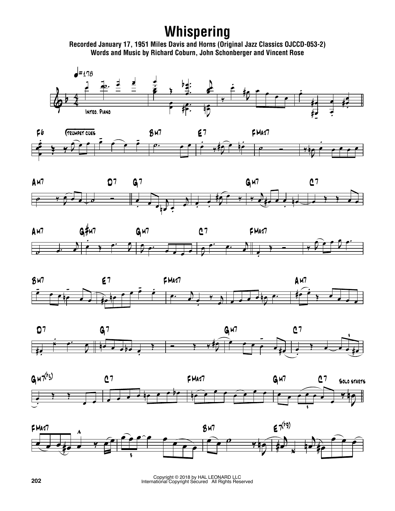 Download Sonny Rollins Whispering Sheet Music and learn how to play Tenor Sax Transcription PDF digital score in minutes