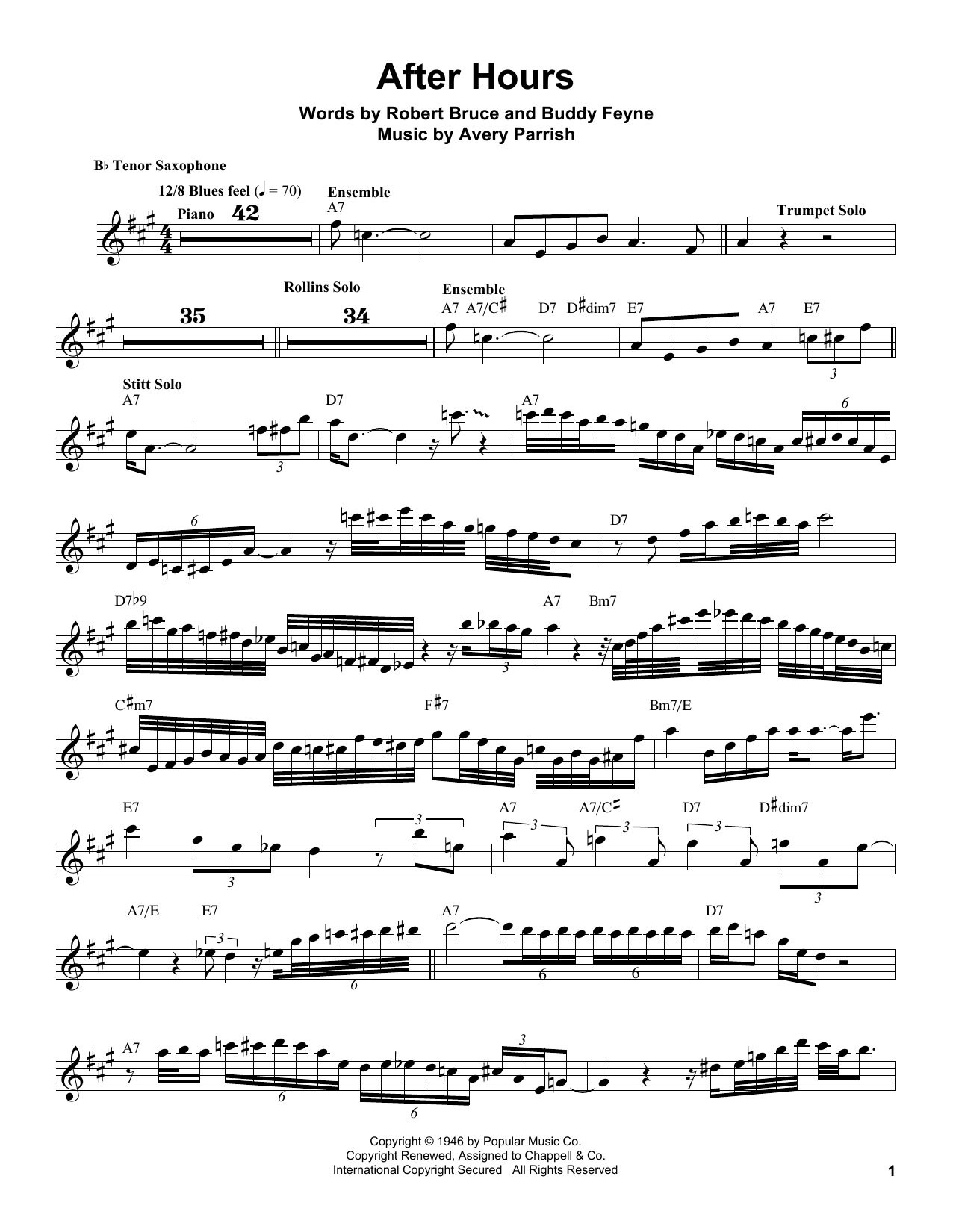 Download Sonny Stitt After Hours Sheet Music and learn how to play Tenor Sax Transcription PDF digital score in minutes