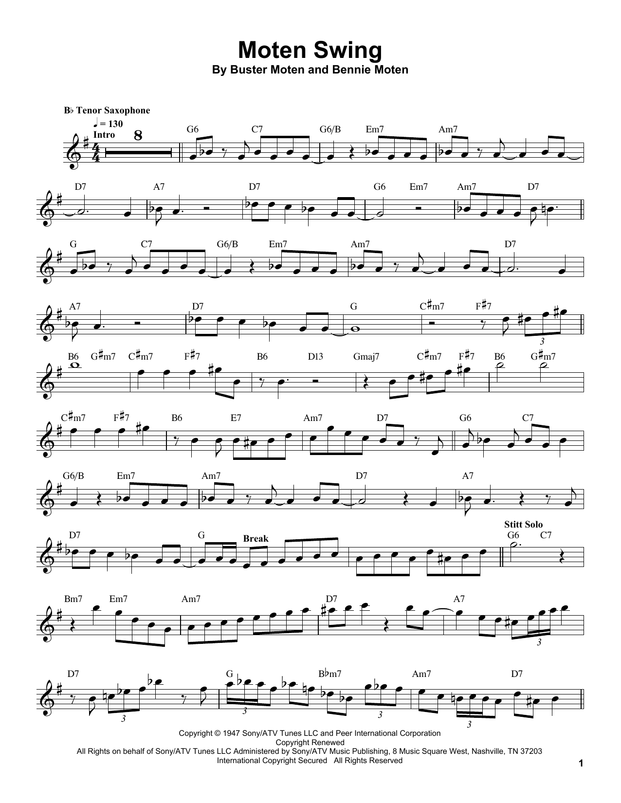 Download Sonny Stitt Moten Swing Sheet Music and learn how to play Tenor Sax Transcription PDF digital score in minutes