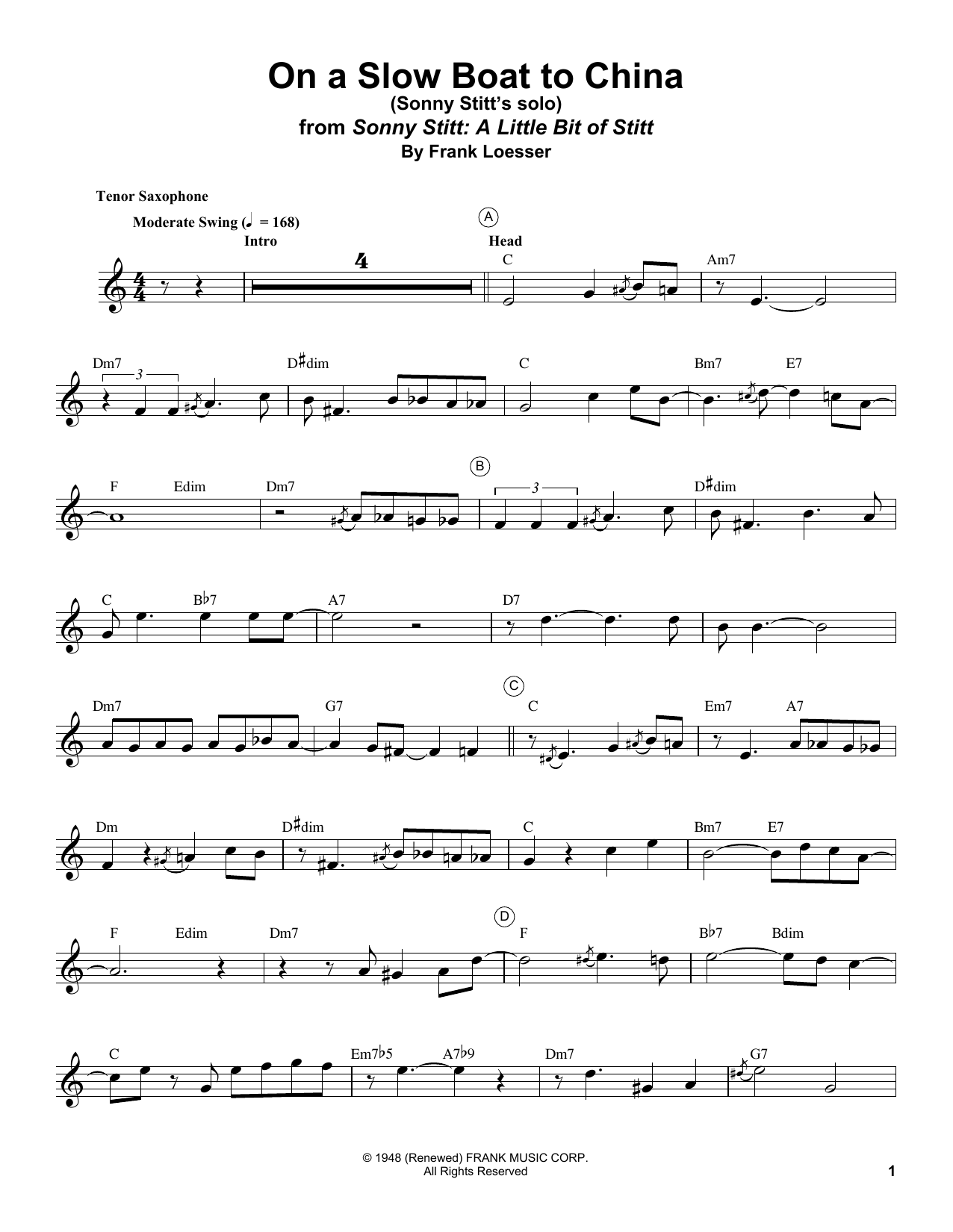Download Sonny Stitt On A Slow Boat To China Sheet Music and learn how to play Tenor Sax Transcription PDF digital score in minutes