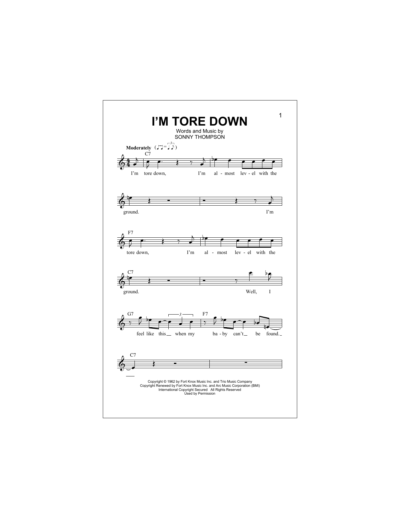 Download Sonny Thompson I'm Tore Down Sheet Music and learn how to play Guitar Tab PDF digital score in minutes