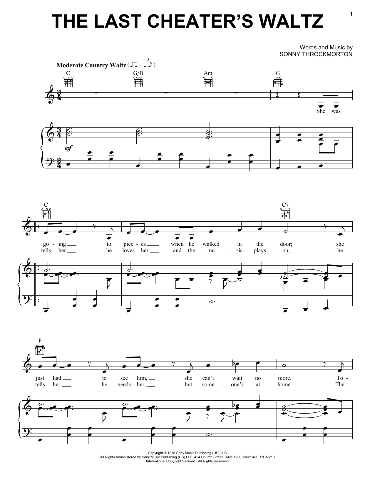 Download Sonny Throckmorton The Last Cheater's Waltz Sheet Music and learn how to play Piano, Vocal & Guitar Chords (Right-Hand Melody) PDF digital score in minutes