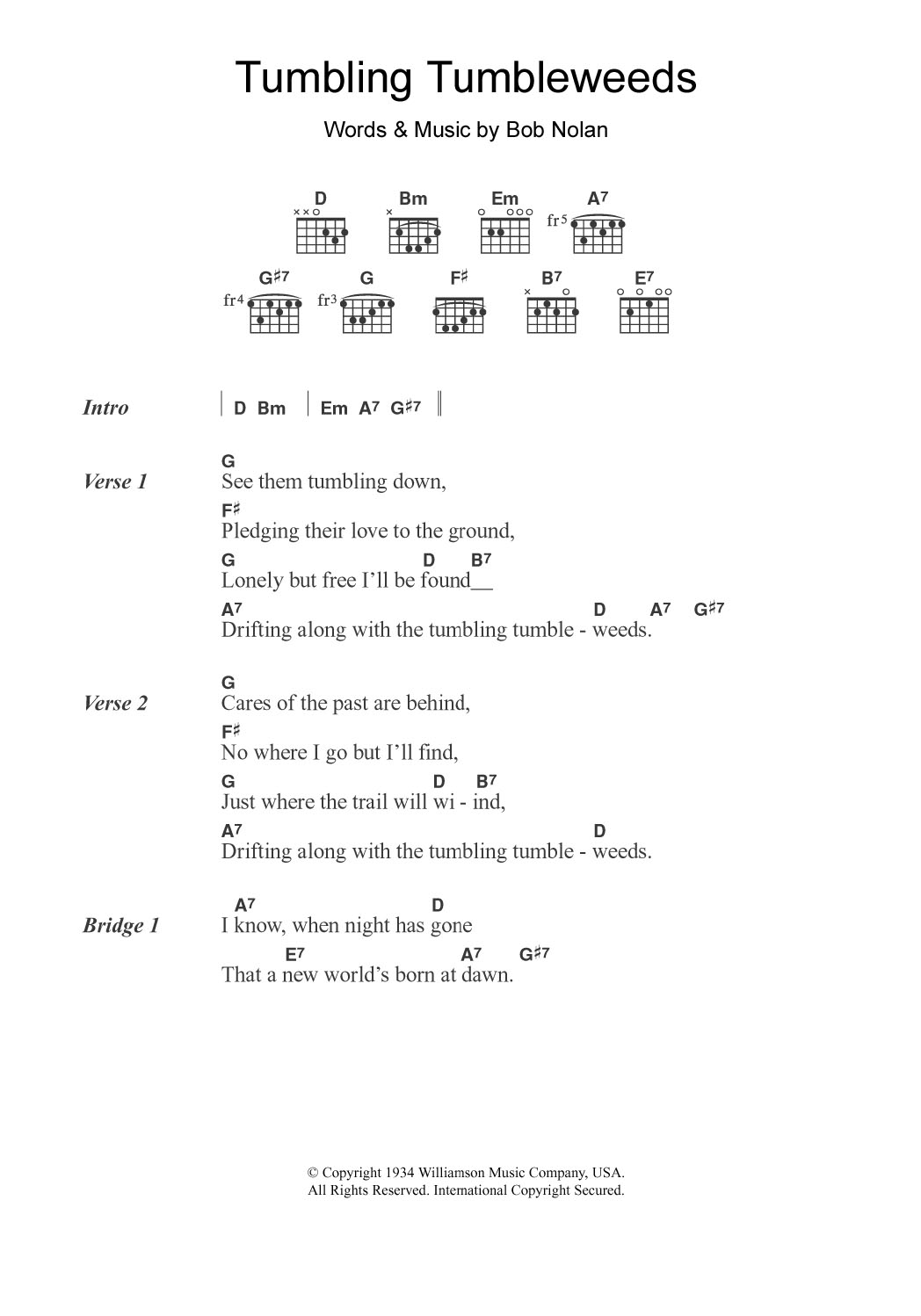 Download The Sons Of Pioneers Tumbling Tumbleweeds Sheet Music and learn how to play Lyrics & Chords PDF digital score in minutes