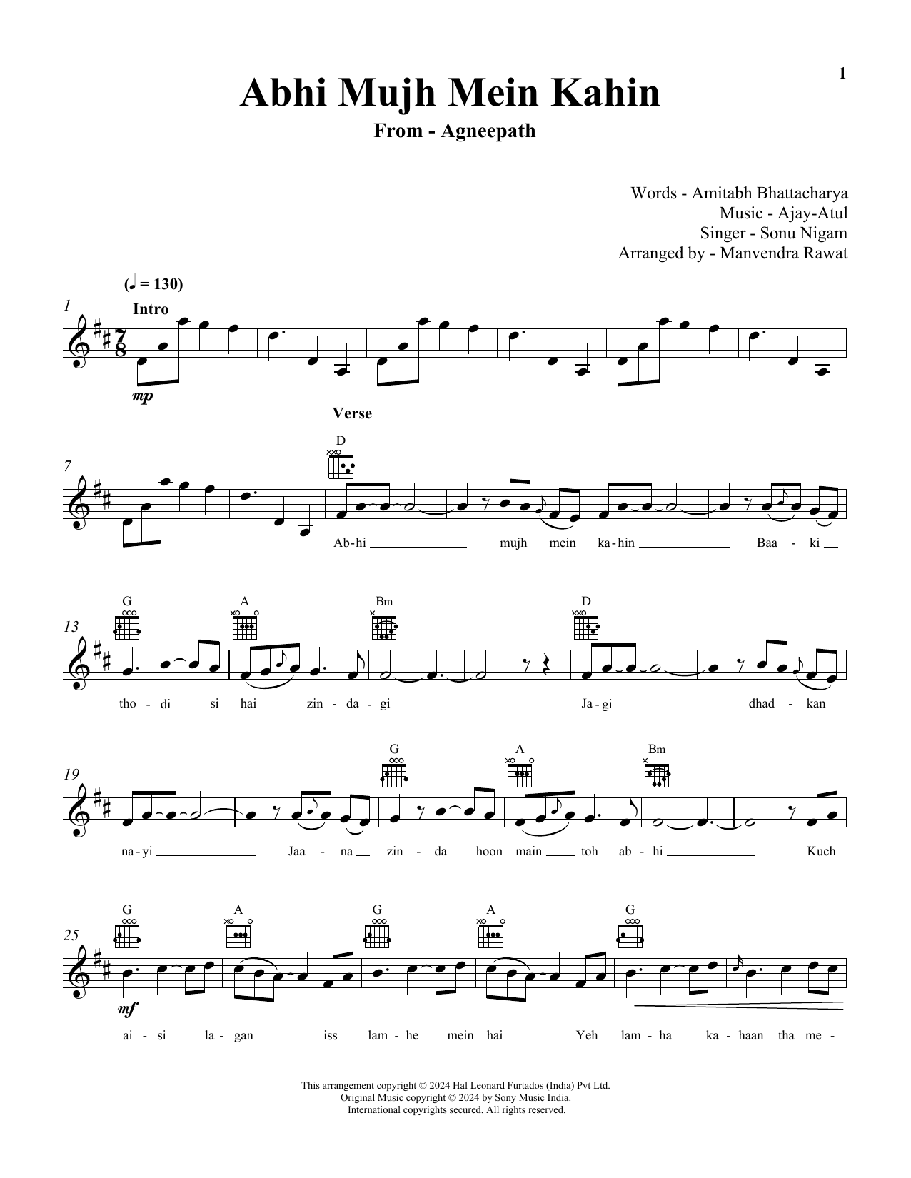Download Sonu Nigam Abhi Mujh Mein Kahin (from Agneepath) Sheet Music and learn how to play Lead Sheet / Fake Book PDF digital score in minutes