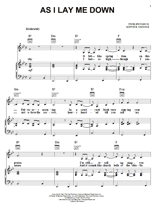 Download Sophie B. Hawkins As I Lay Me Down Sheet Music and learn how to play Piano, Vocal & Guitar (Right-Hand Melody) PDF digital score in minutes