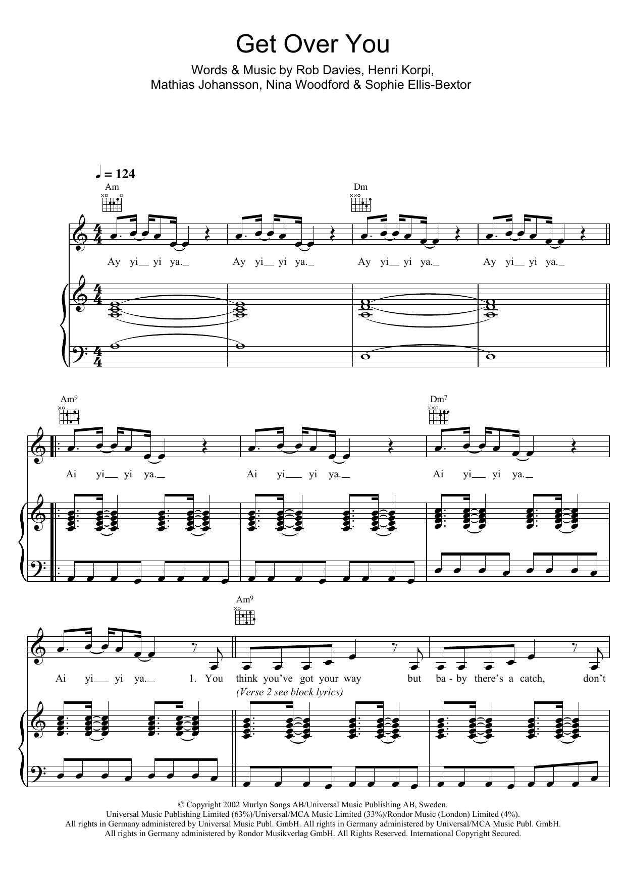 Download Sophie Ellis-Bextor Get Over You Sheet Music and learn how to play Piano, Vocal & Guitar PDF digital score in minutes