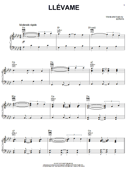 Download Soraya Llevame Sheet Music and learn how to play Piano, Vocal & Guitar (Right-Hand Melody) PDF digital score in minutes