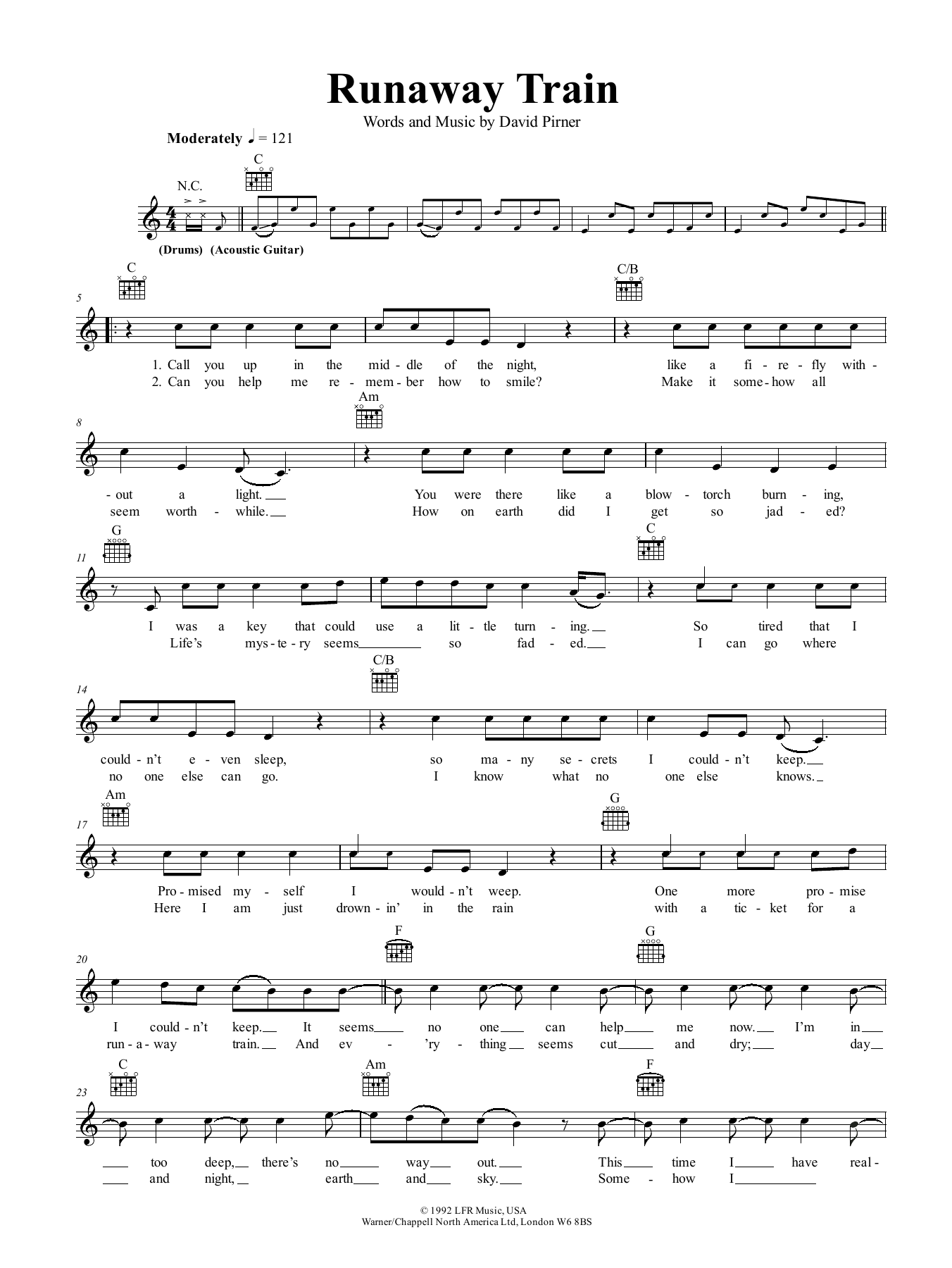 Download Soul Asylum Runaway Train Sheet Music and learn how to play Piano, Vocal & Guitar (Right-Hand Melody) PDF digital score in minutes