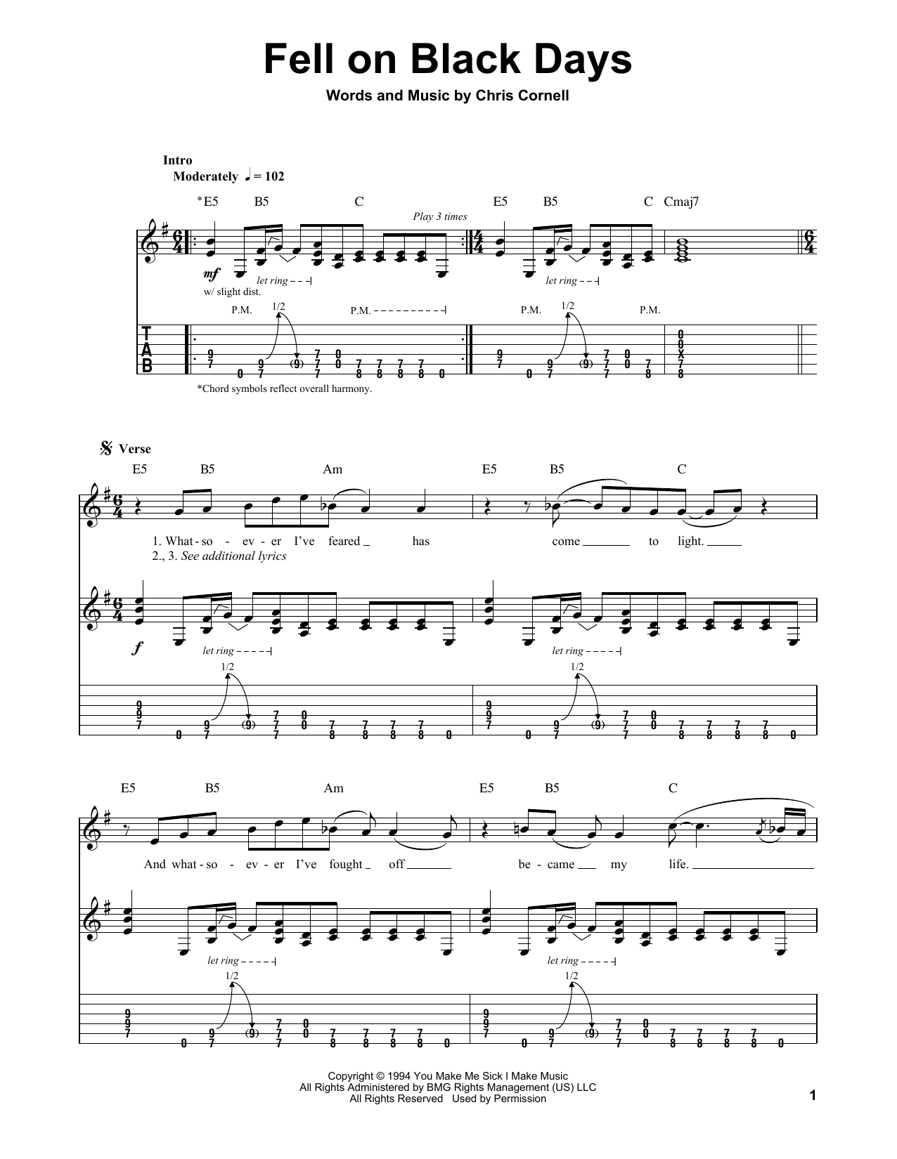 Download Soundgarden Fell On Black Days Sheet Music and learn how to play Lyrics & Chords PDF digital score in minutes