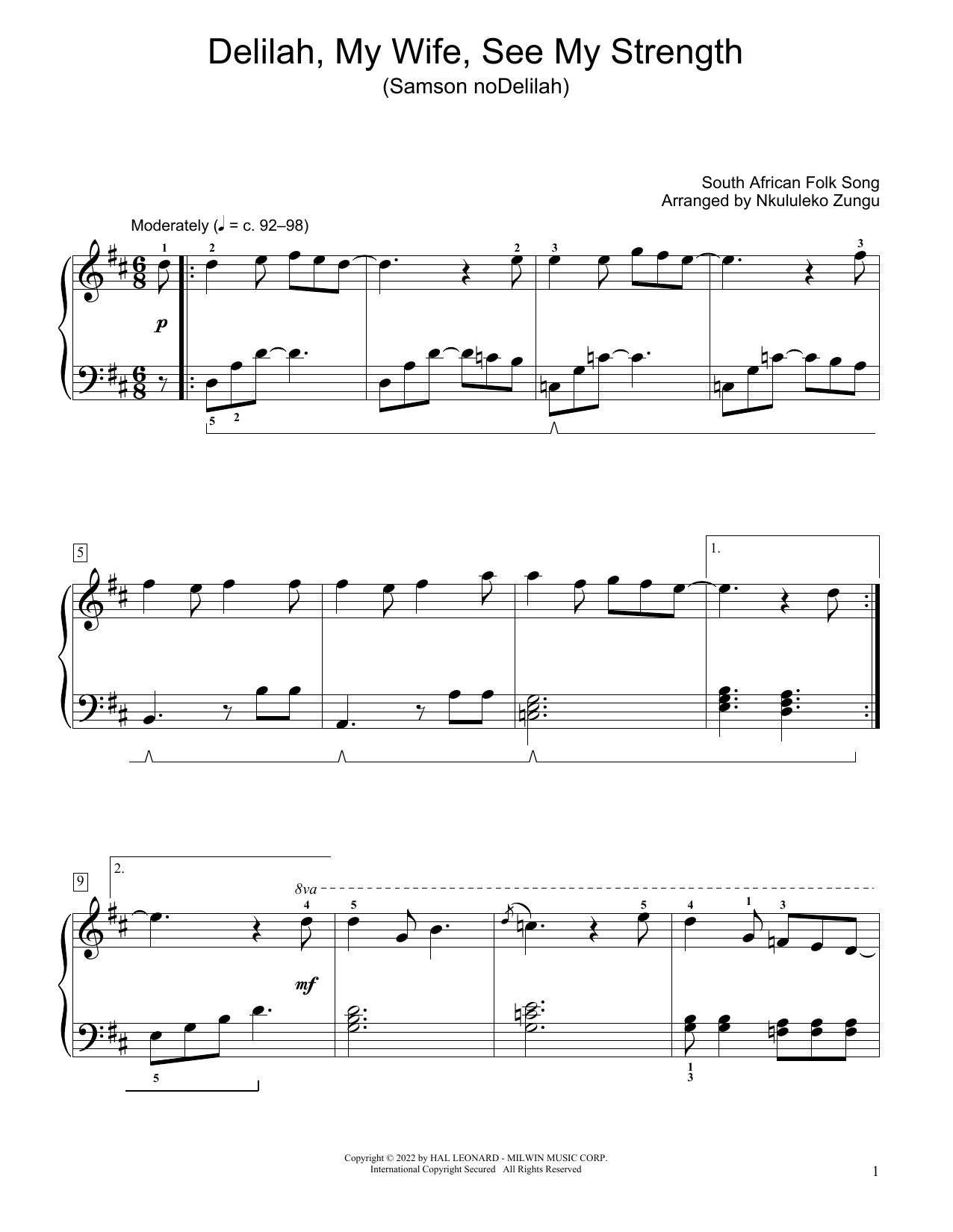 Download South African folk song Delilah, My Wife, See My Strength (Samson Nodelilah) (arr. Nkululeko Zungu) Sheet Music and learn how to play Educational Piano PDF digital score in minutes