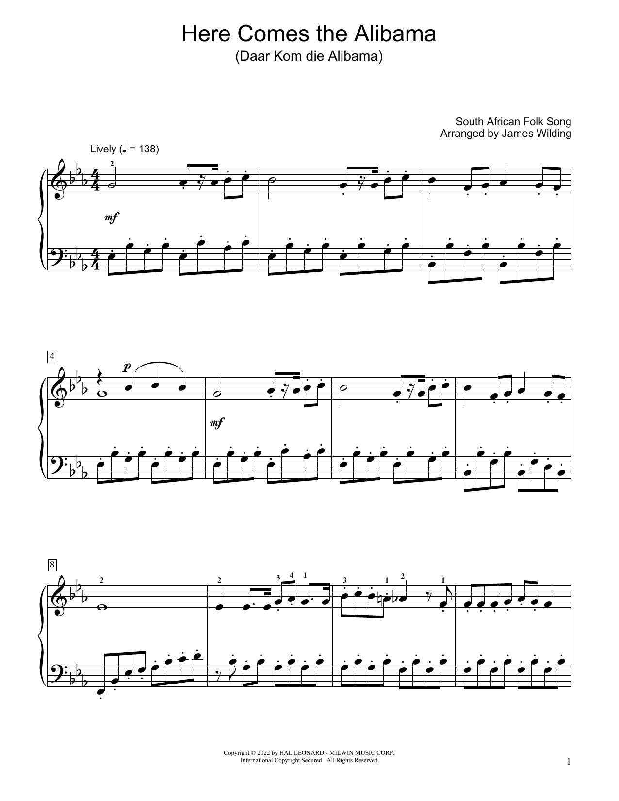 Download South African folk song Here Comes The Alibama (Daar Kom Die Alibama) (arr. James Wilding) Sheet Music and learn how to play Educational Piano PDF digital score in minutes