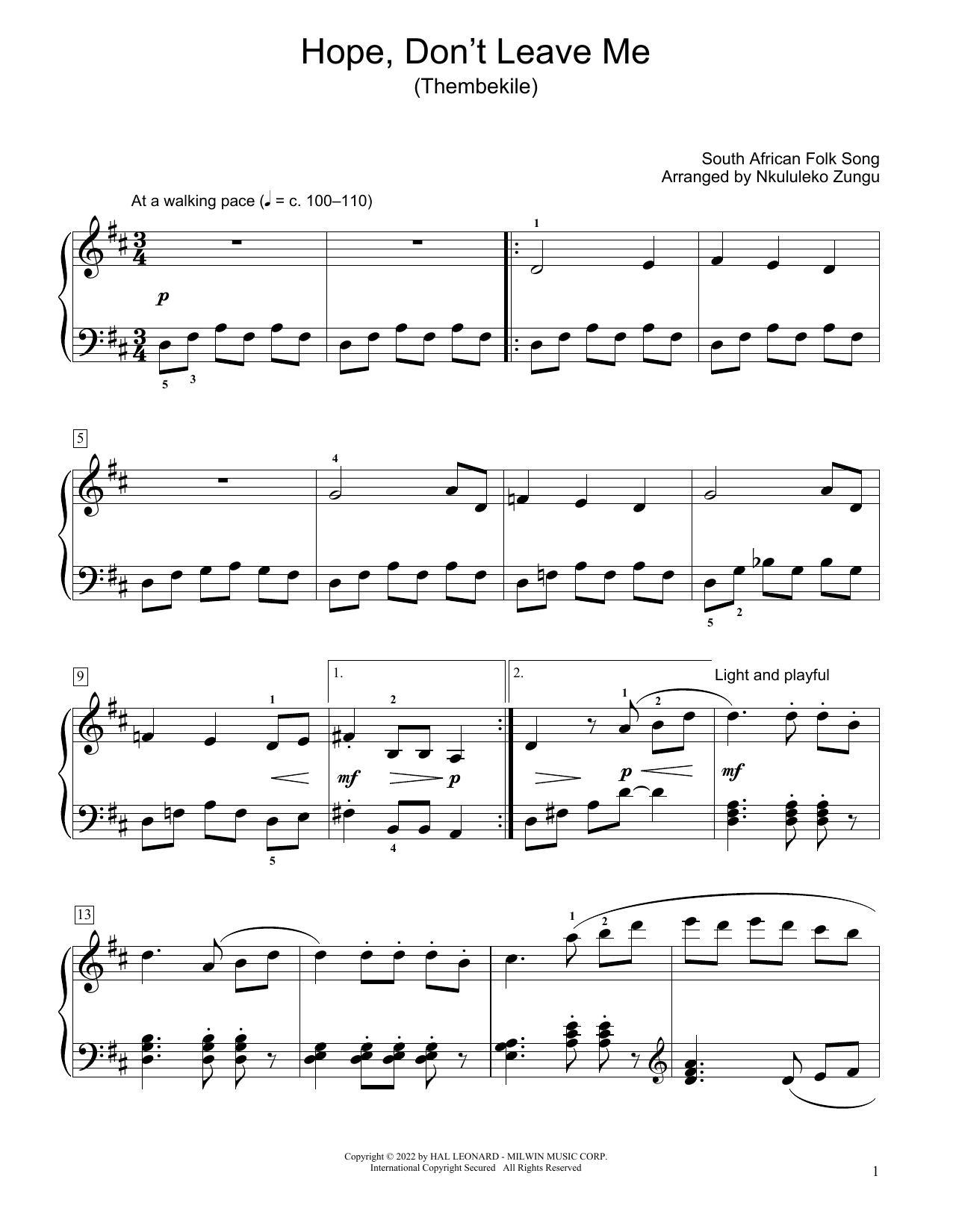 Download South African folk song Hope, Don't Leave Me (Thembekile) (arr. Nkululeko Zungu) Sheet Music and learn how to play Educational Piano PDF digital score in minutes