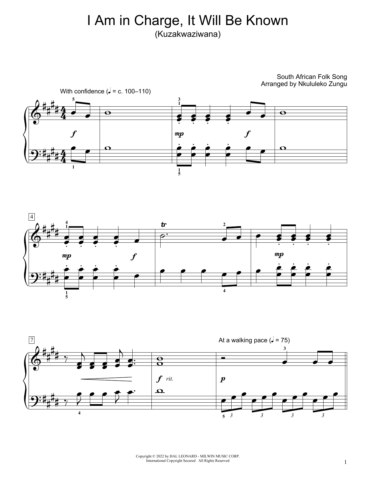 Download South African folk song I Am In Charge, It Will Be Known (Kuzakwaziwana) (arr. Nkululeko Zungu) Sheet Music and learn how to play Educational Piano PDF digital score in minutes