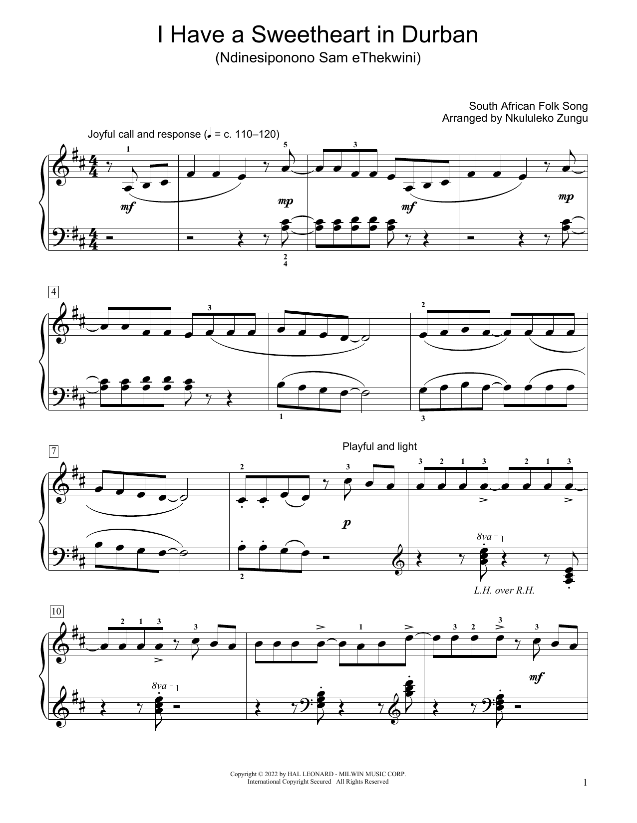 Download South African folk song I Have A Sweetheart In Durban (Ndinesiponono Sam Ethekwini) (arr. Nkululeko Zung Sheet Music and learn how to play Educational Piano PDF digital score in minutes