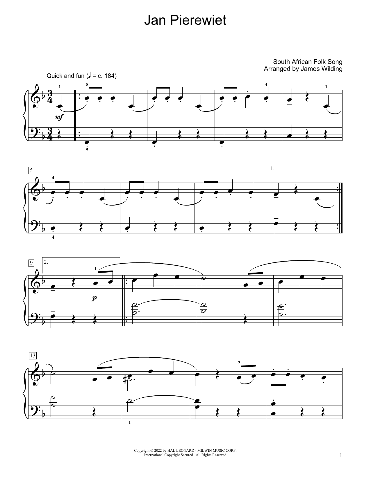 Download South African folk song Jan Pierewiet (arr. James Wilding) Sheet Music and learn how to play Educational Piano PDF digital score in minutes