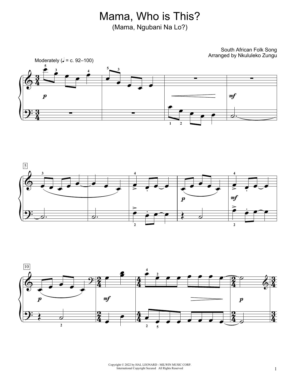 Download South African folk song Mama, Who Is This? (Mama Ngubani Na Lo) (arr. Nkululeko Zungu) Sheet Music and learn how to play Educational Piano PDF digital score in minutes