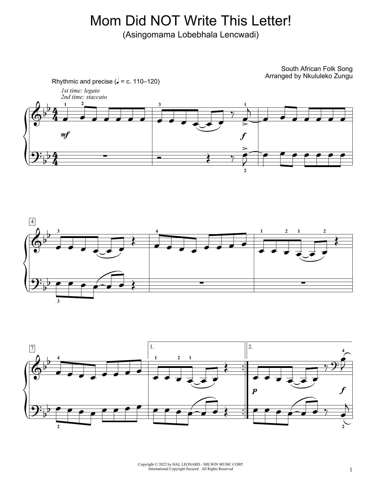 Download South African folk song Mom Did Not Write This Letter! (Asingomama Lobebhala Lencwadi) (arr. Nkululeko Z Sheet Music and learn how to play Educational Piano PDF digital score in minutes