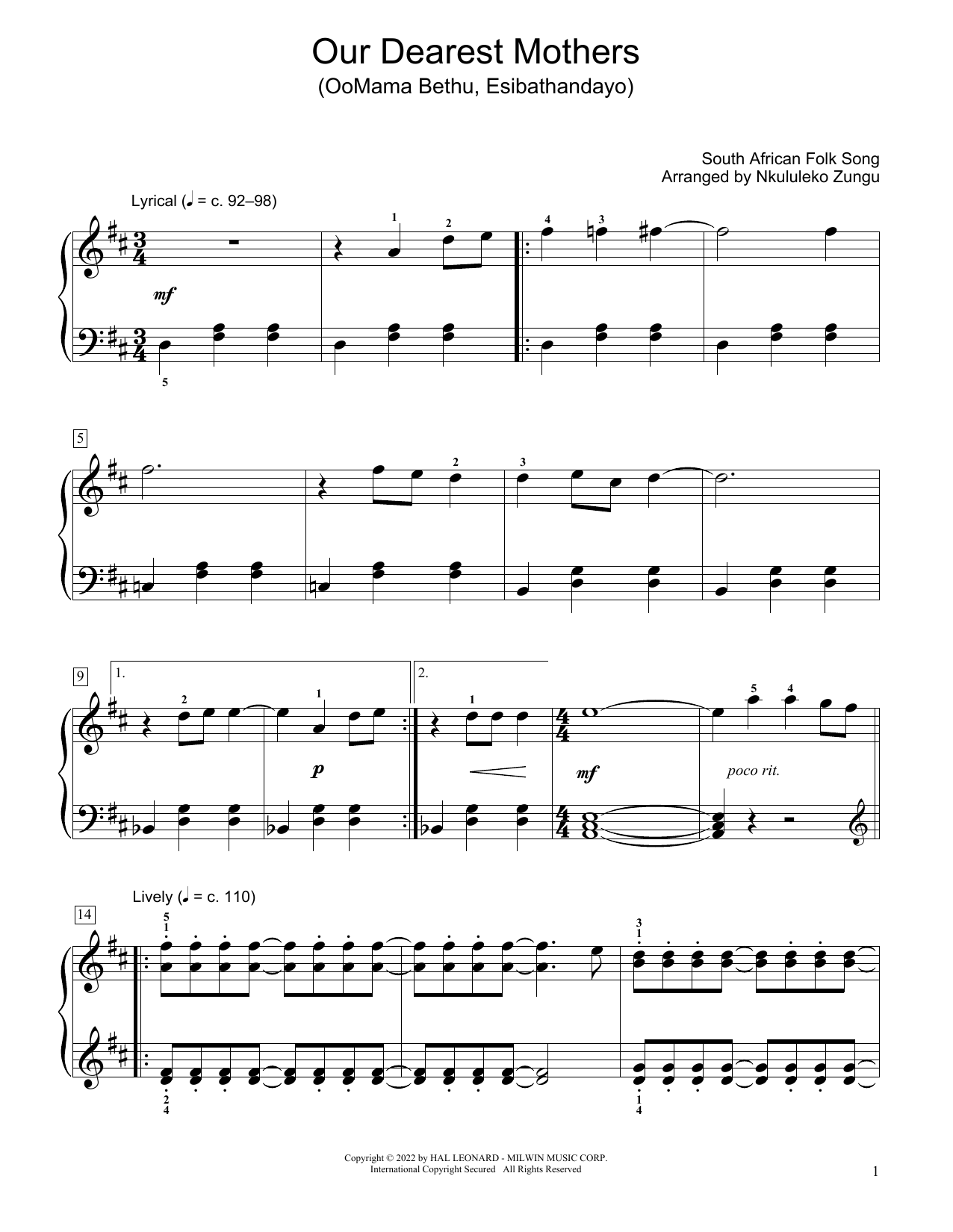 Download South African folk song Our Dearest Mothers (Oomama Bethu Esibathandayo) (arr. Nkululeko Zungu) Sheet Music and learn how to play Educational Piano PDF digital score in minutes