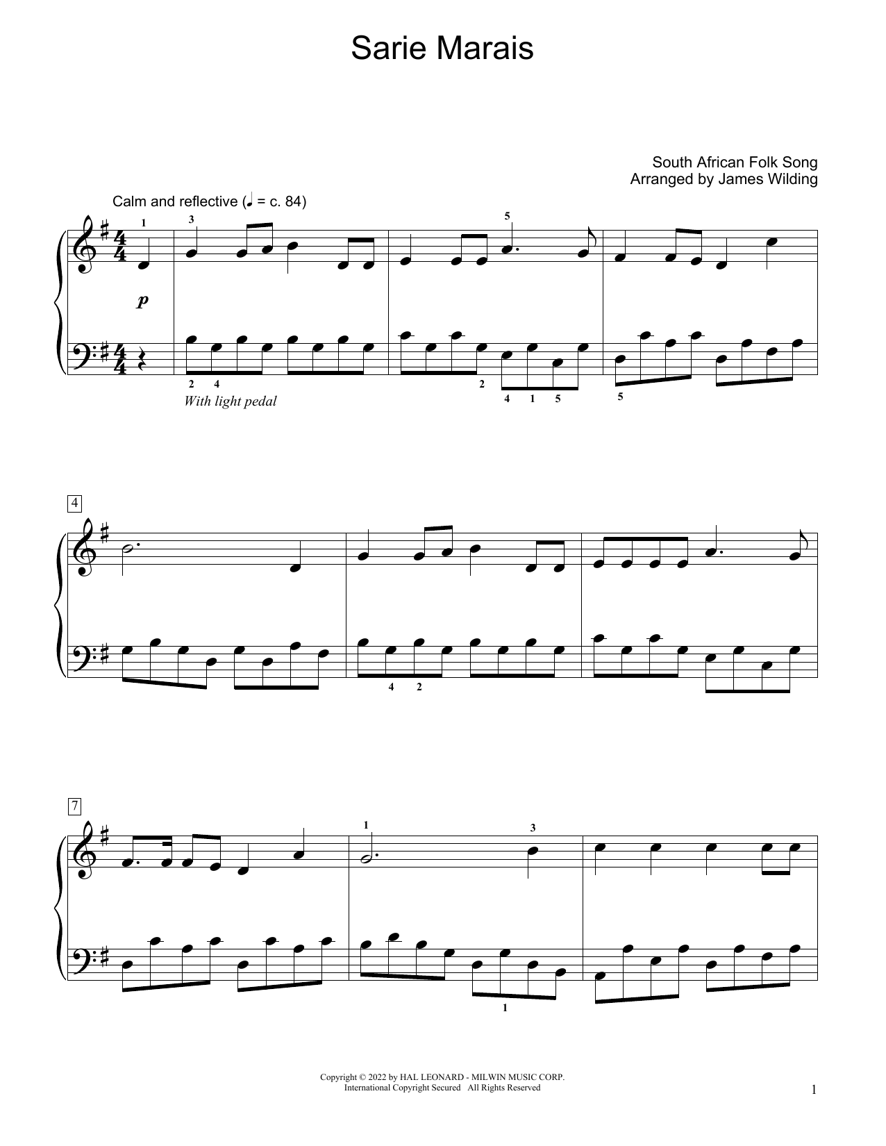 Download South African folk song Sarie Marais (arr. James Wilding) Sheet Music and learn how to play Educational Piano PDF digital score in minutes