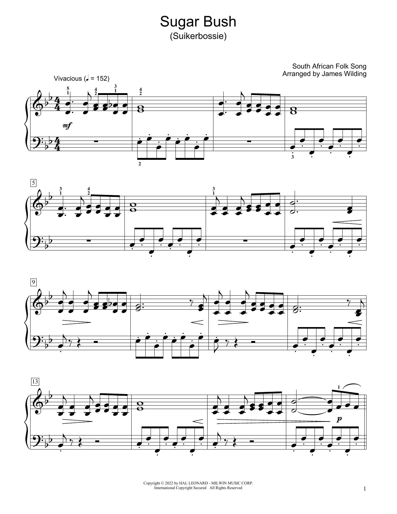 Download South African folk song Sugar Bush (Suikerbossie) (arr. James Wilding) Sheet Music and learn how to play Educational Piano PDF digital score in minutes